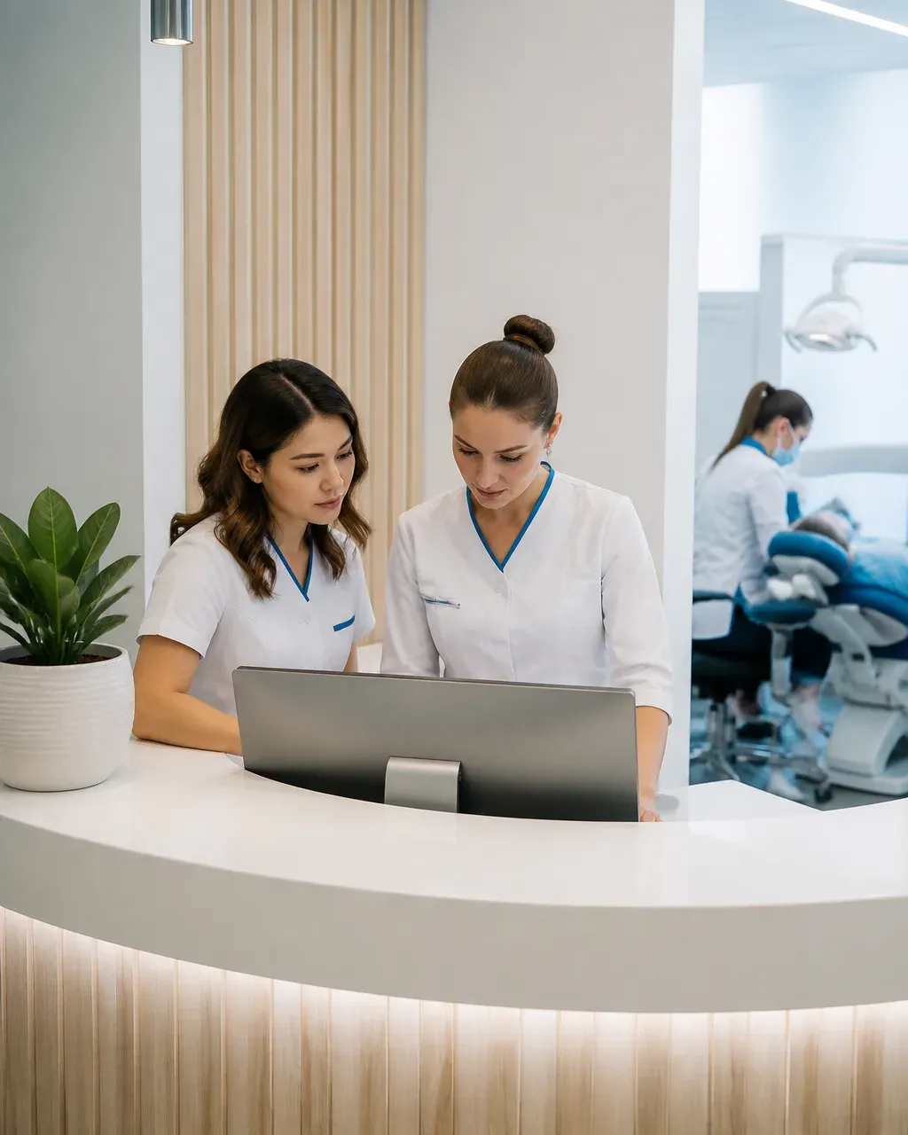 Clinic administrators check the appointment schedule on the screen at the front desk
