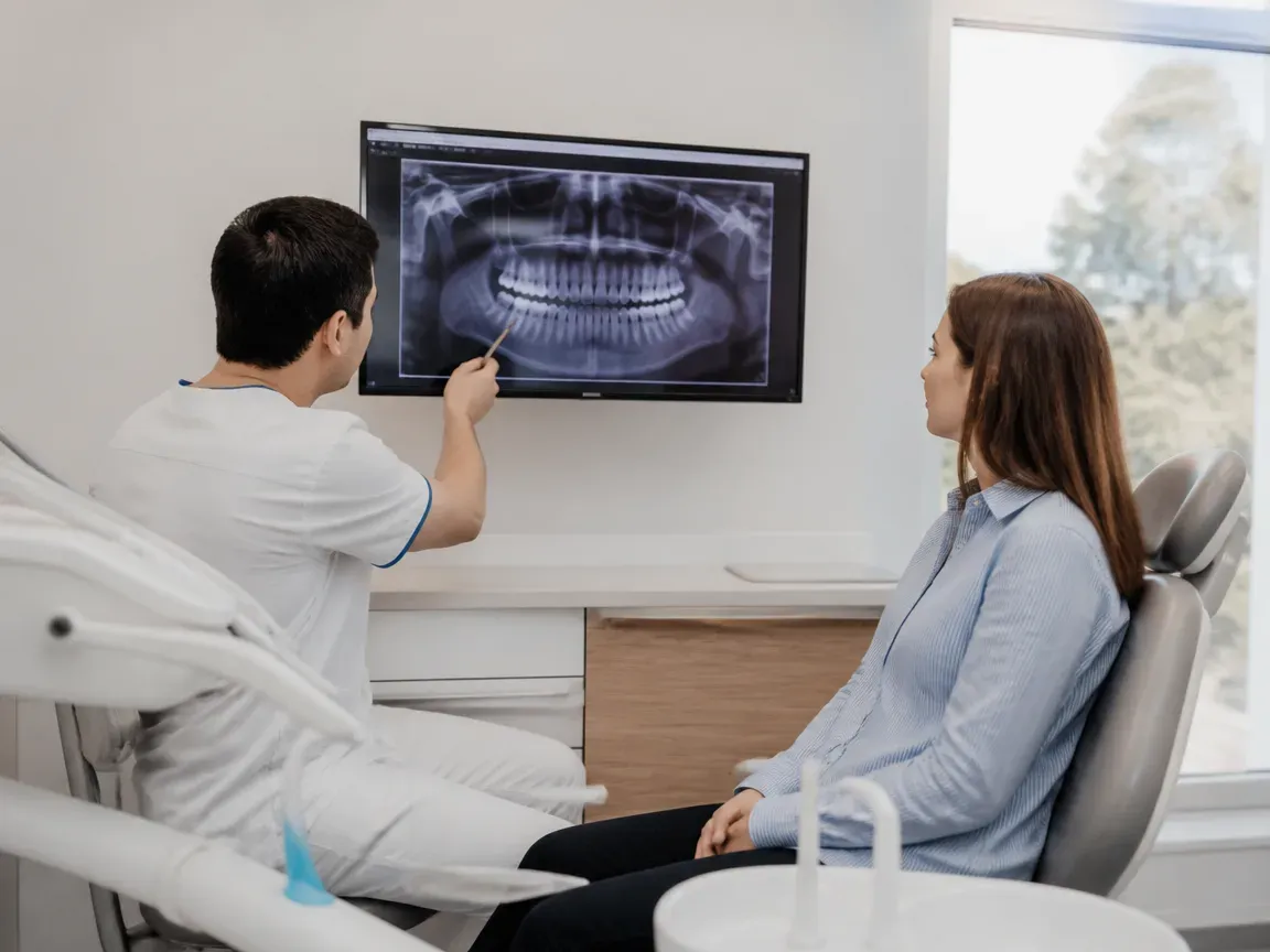 Consultation: dentist and patient at a screen with an X-ray — illustration for the "Examination and Treatment Plan" section