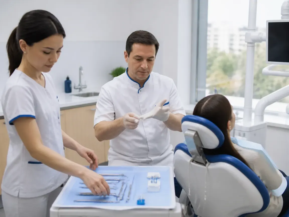 Preparation: the assistant lays out sterile instruments, the dentist puts on gloves — illustration for the section "Tooth preparation"