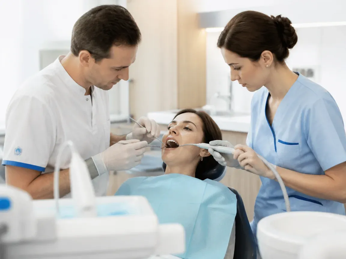 Follow-up visit: the dentist checks the result with a mirror while the assistant holds the saliva ejector — illustration for the "Bonding" section