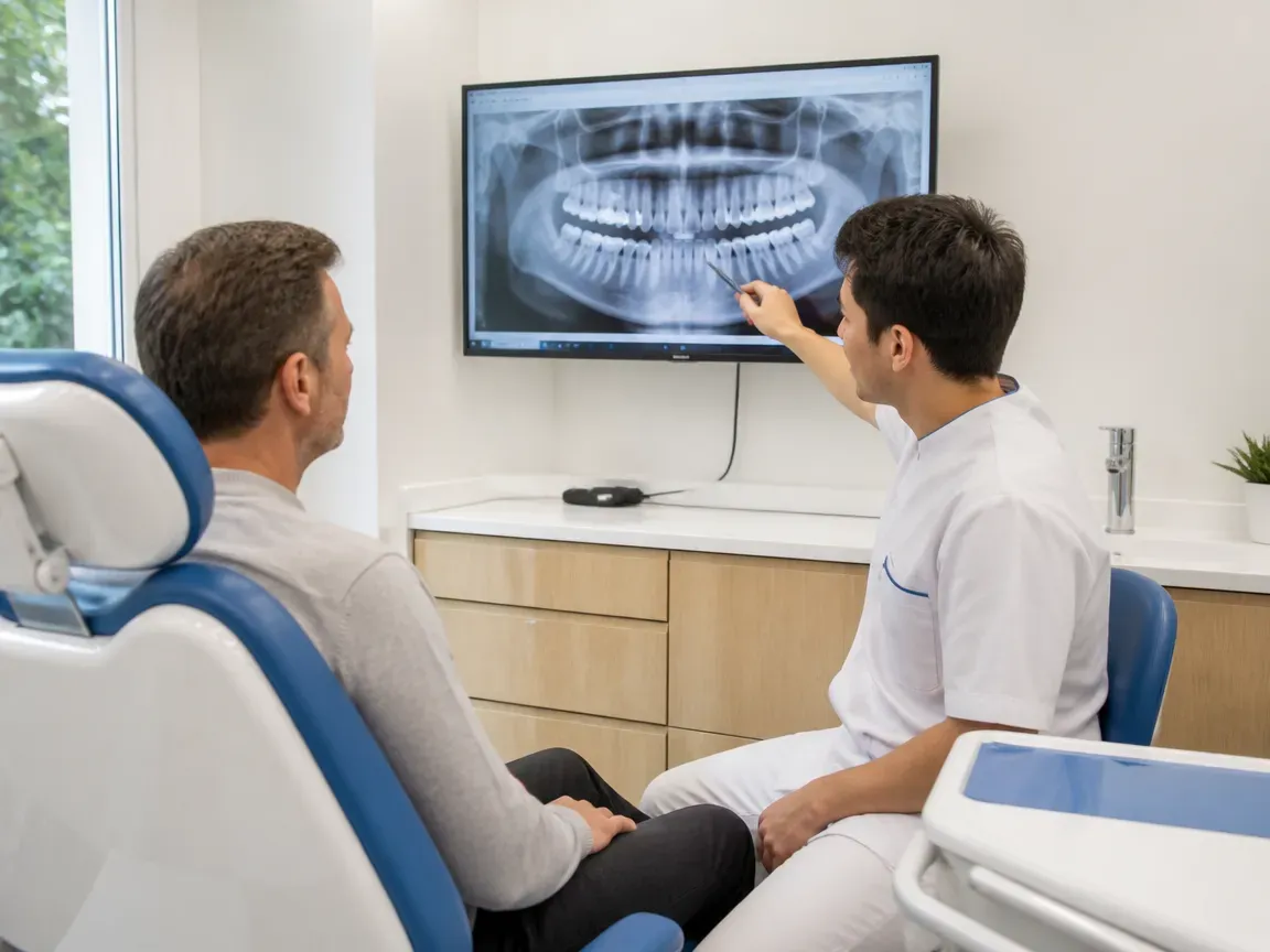 Consultation: doctor and patient at a screen with an X-ray — illustration for the section "Step 1: Examination and Diagnostics"