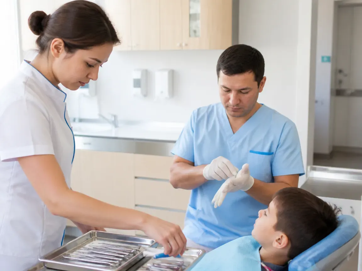 Preparation: the assistant lays out sterile instruments, the dentist puts on gloves — illustration for the section "Step 2: Tooth preparation"