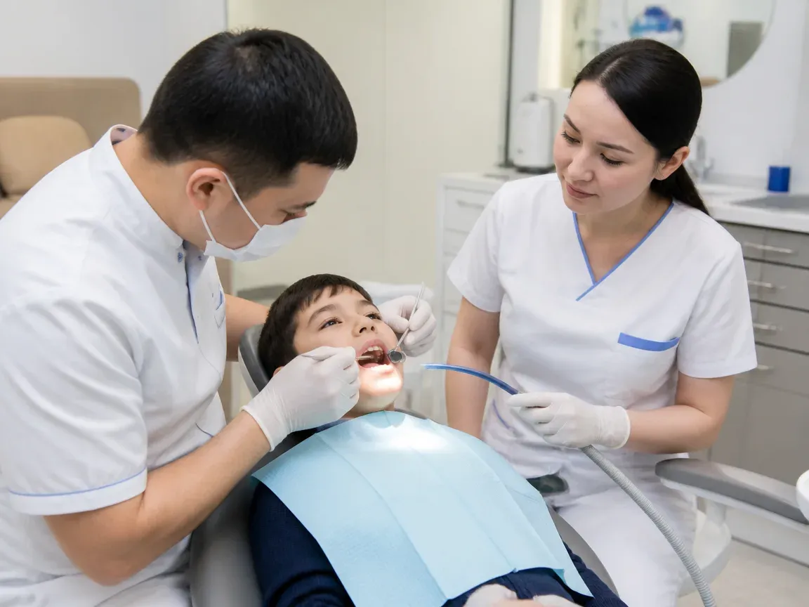 Follow-up visit: the doctor checks the result with a mirror, the assistant holds the saliva ejector — illustration for the section "Step 4: Cementing the crown"