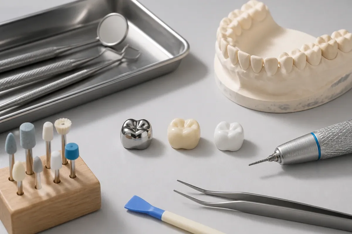 Instruments and materials for this type of treatment, laid out on a light surface — an illustration for the section "What types of crowns are there for children"
