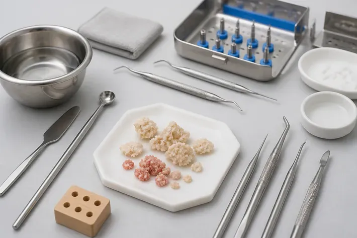 Instruments and materials for this type of treatment, laid out on a light surface — an illustration for the "Autogenous graft" section