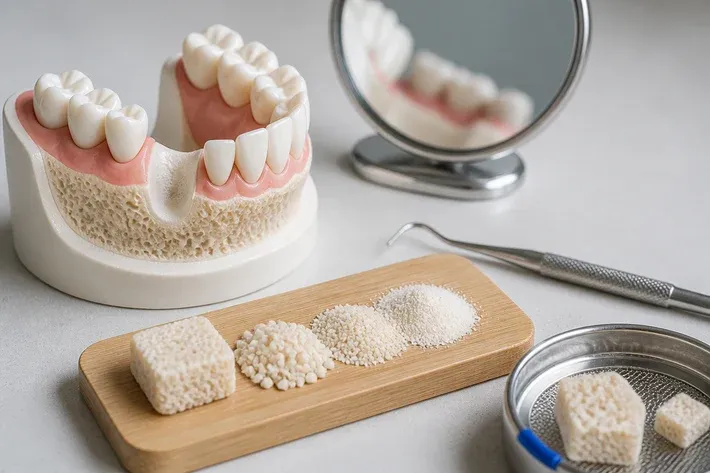 A jaw model and material samples on the dentist's table next to a mirror and probe — an illustration for the "Allogeneic material" section