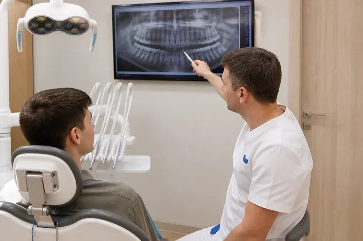 Doctor showing a patient an X-ray on screen and explaining the treatment plan — illustration for the "Synthetic Materials" section