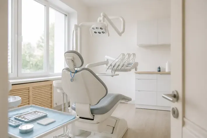 Treatment room prepared for a patient: dental chair, lamp, and a tray of instruments — illustration for the section "Membranes and Guided Regeneration"
