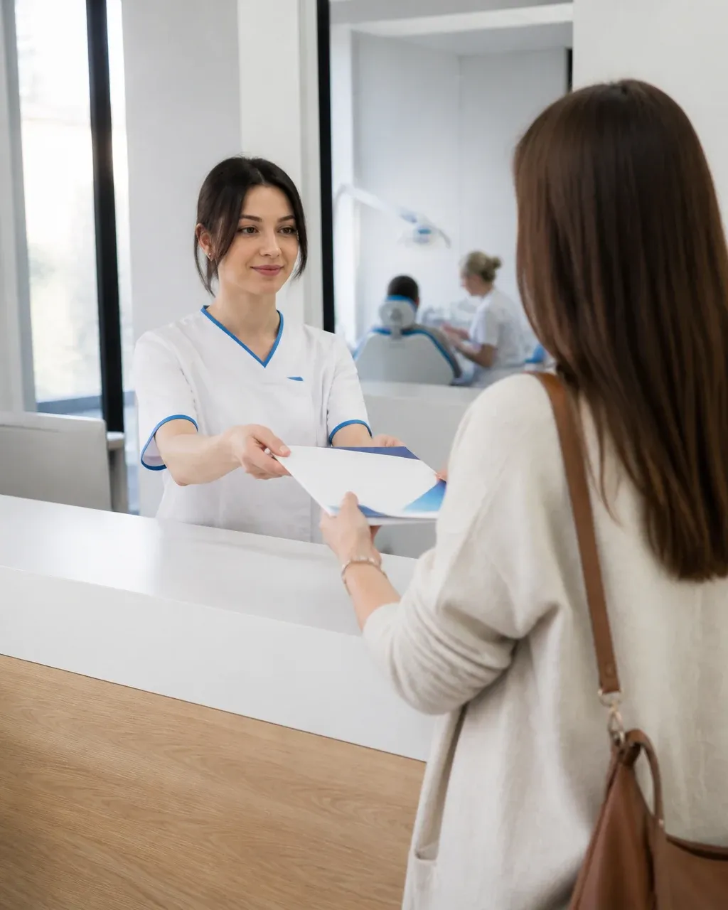 The clinic administrator gives the patient a treatment plan at the front desk