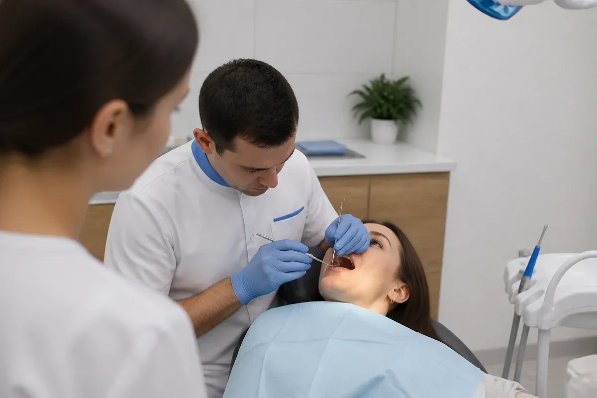 Орындық жанындағы қабылдау: жұмыс үстіндегі дәрігер, көмекшінің иығынан түсірілген сурет — «Композиттік қаптамалар» бөліміне иллюстрация