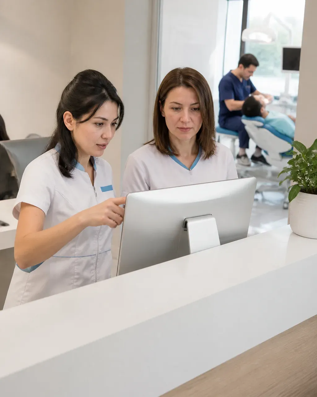 Clinic administrators check the appointment schedule on the screen at the front desk