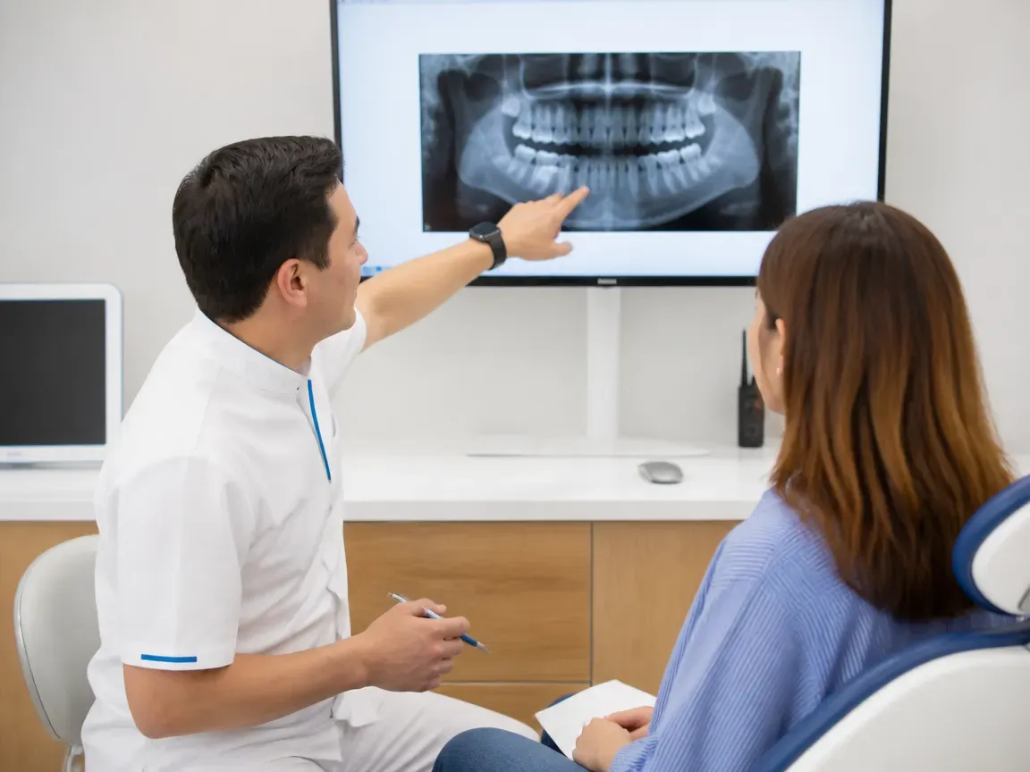 Consultation: dentist and patient at a screen with an X-ray — illustration for the section "Diagnostics and treatment plan"