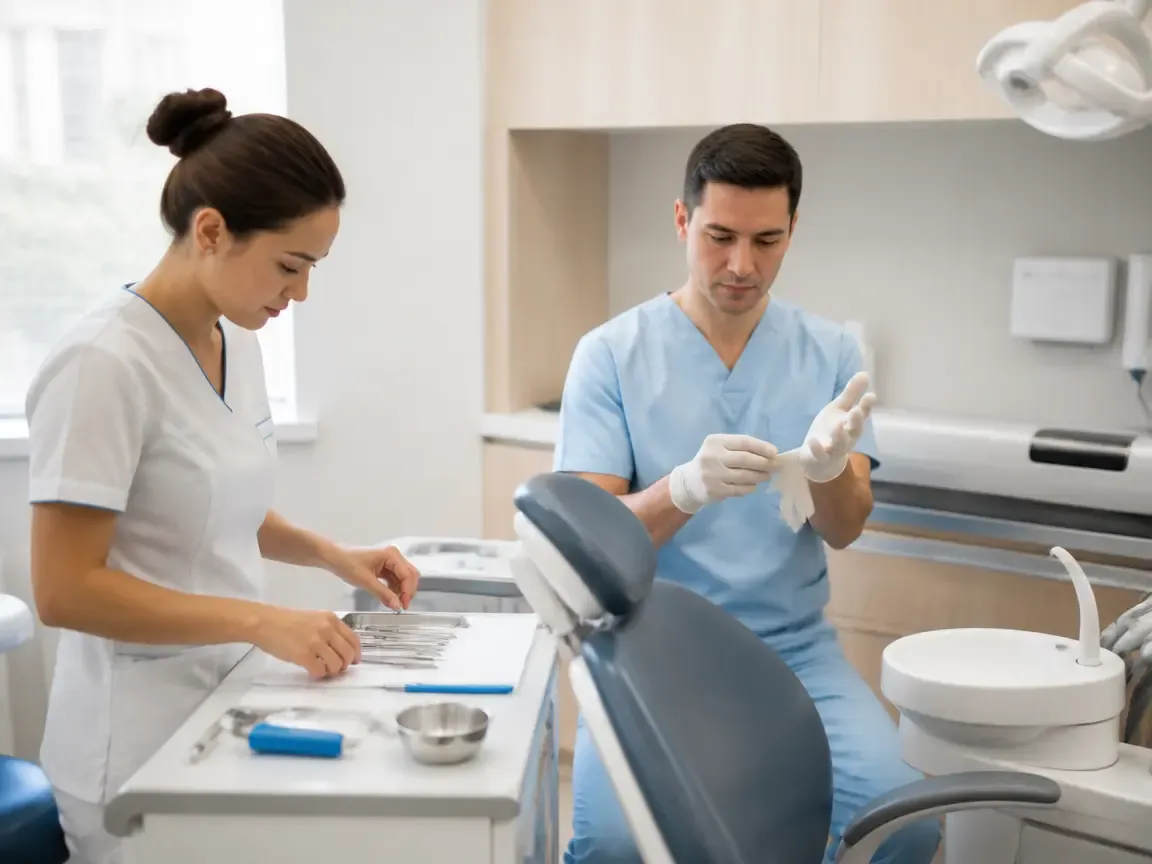 Preparation: the assistant lays out the sterile instruments, the doctor puts on gloves — an illustration for the section "Preparing for surgery"