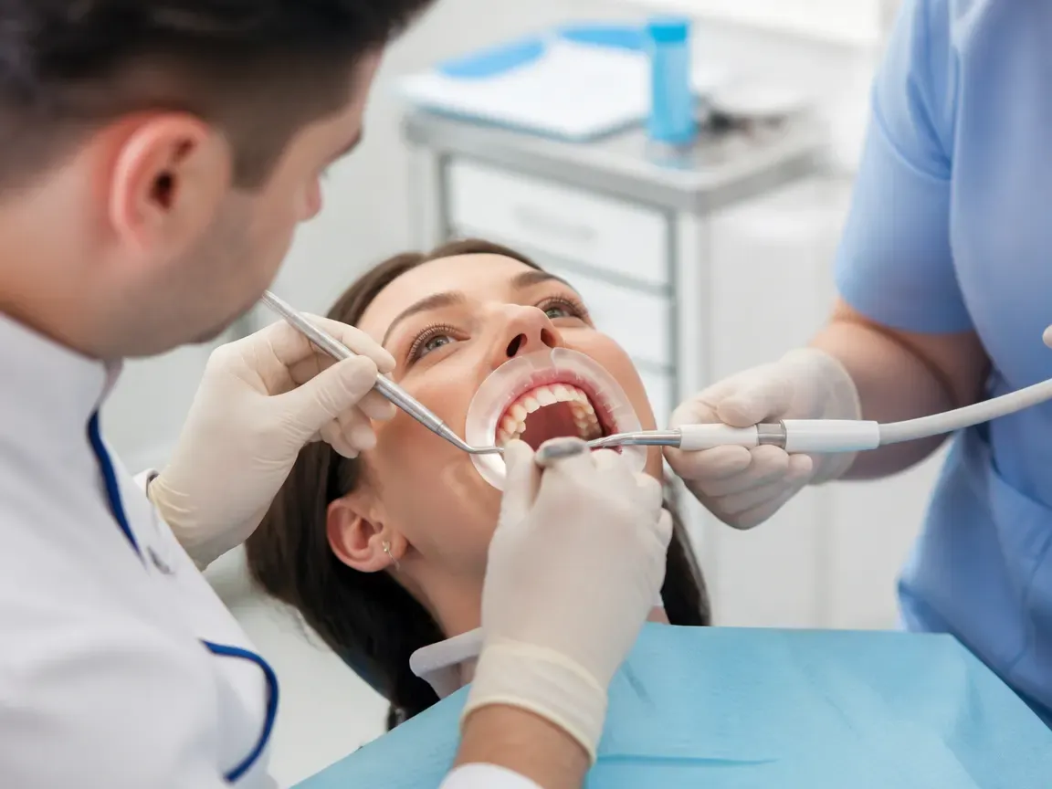 The treatment stage itself: the doctor's gloved hands working in the oral cavity — an illustration for the "Implant Placement" section