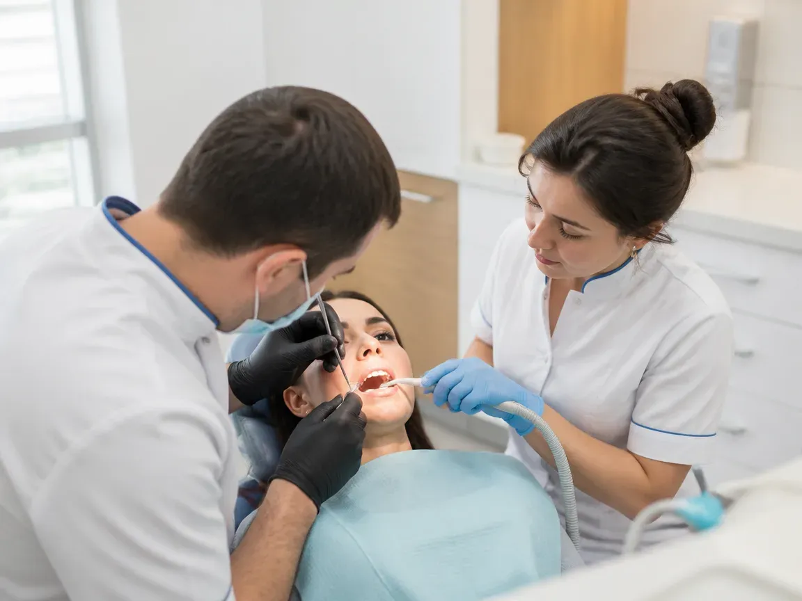Follow-up visit: the dentist checks the result with a mirror while the assistant holds the saliva ejector — illustration for the section "What recovery after laser implant placement is like"
