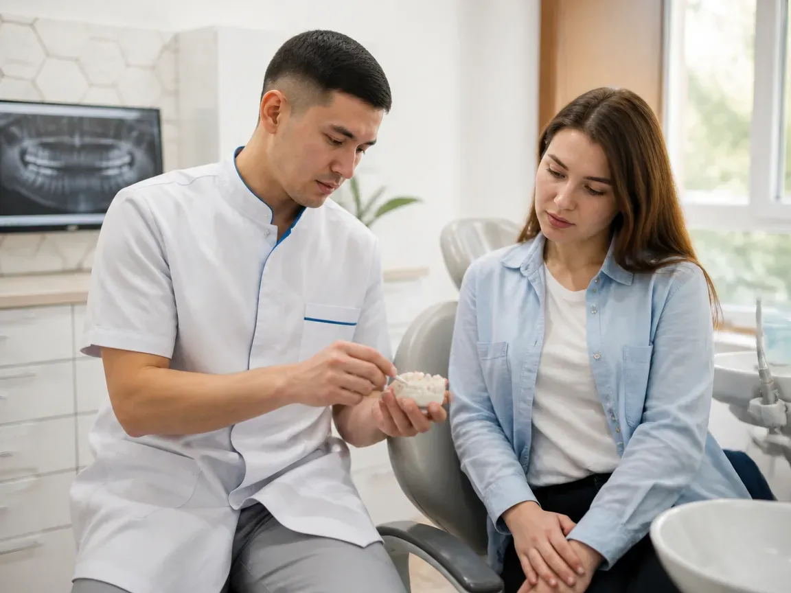 End of appointment: the doctor next to the patient goes over aftercare recommendations — illustration for the section "Crown placement"