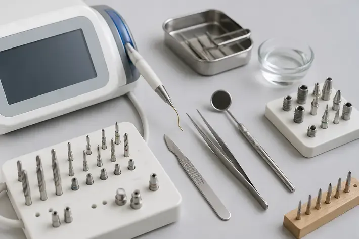 Instruments and materials for this type of treatment, laid out on a light surface — an illustration for the section "How laser implantation differs from the classic method"