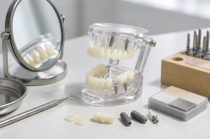 A jaw model and material samples on the dentist's table next to a mirror and probe — an illustration for the section "What complications can occur with laser implantation"