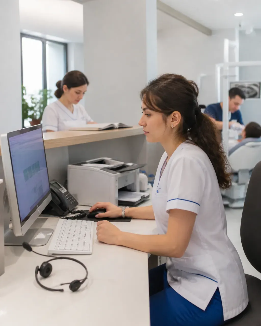 The clinic administrator answers patient messages at the front desk