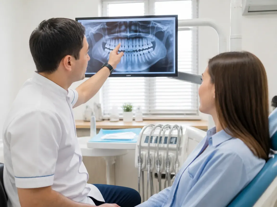 Consultation: doctor and patient at a screen with an X-ray — illustration for the section "How many vector therapy sessions are needed and how often they are performed"