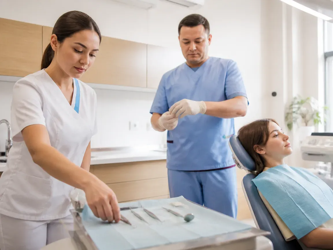 Preparation: the assistant lays out sterile instruments, the doctor puts on gloves — illustration for the section "How to prepare for Vector therapy"
