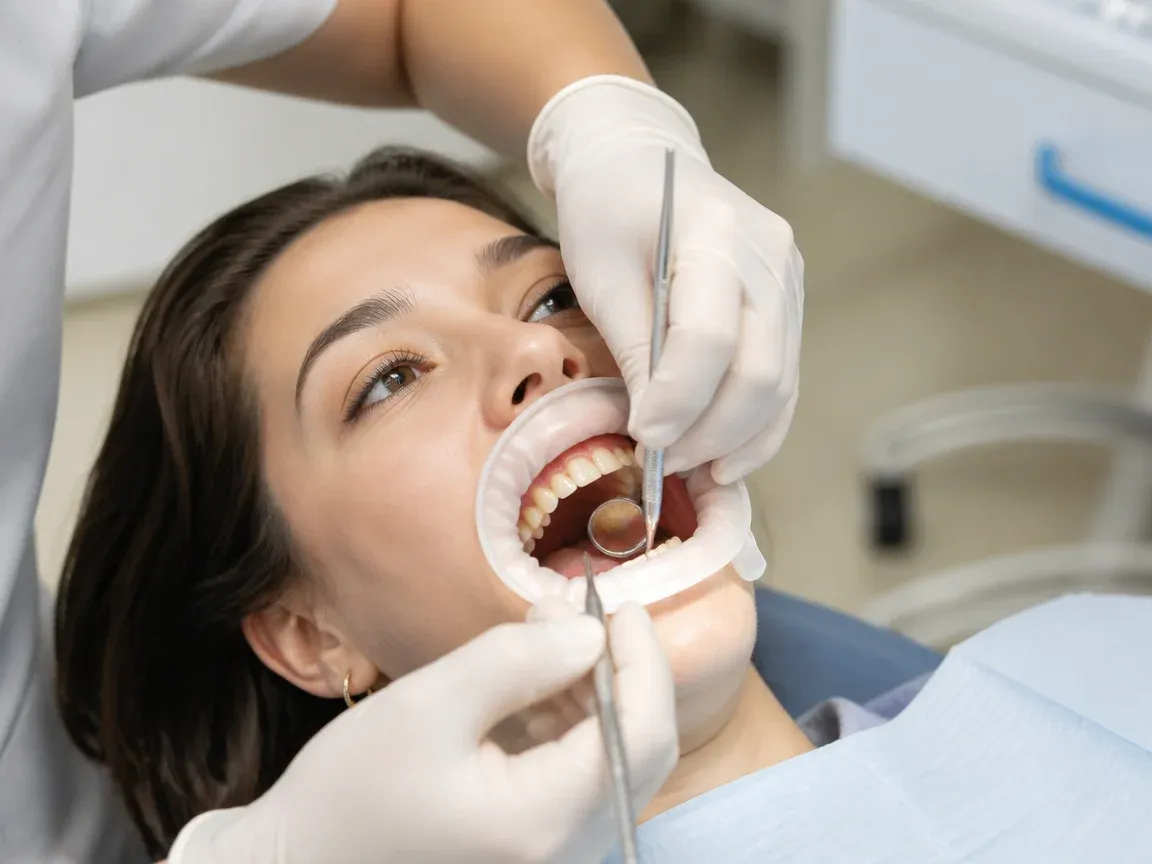 The treatment stage itself: the doctor's gloved hands working inside the oral cavity — an illustration for the section "What the patient feels during and after the procedure"