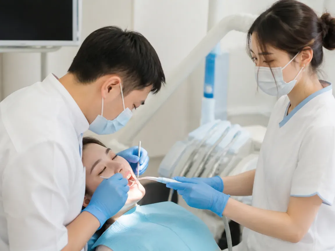 Follow-up visit: the doctor checks the result with a mirror while the assistant holds the saliva ejector — an illustration for the section “What happens during an appointment for gum treatment with the Vector device”