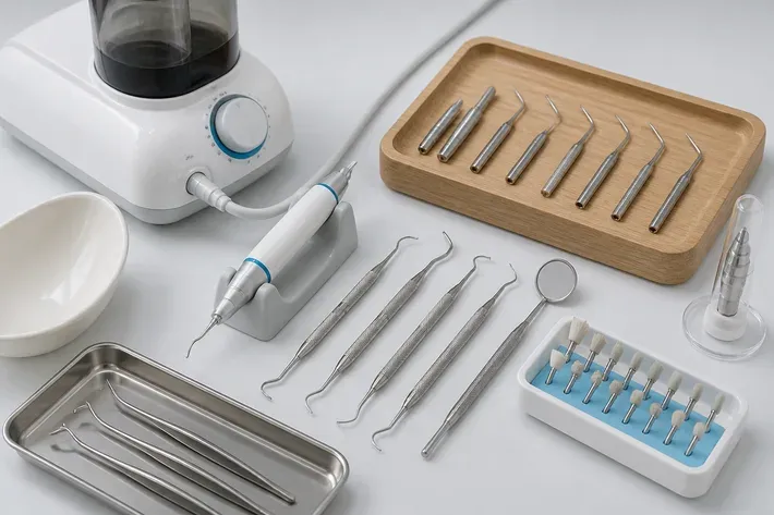 Instruments and materials for this type of treatment, laid out on a light surface — an illustration for the section "Which gum diseases are treated with the Vector device"
