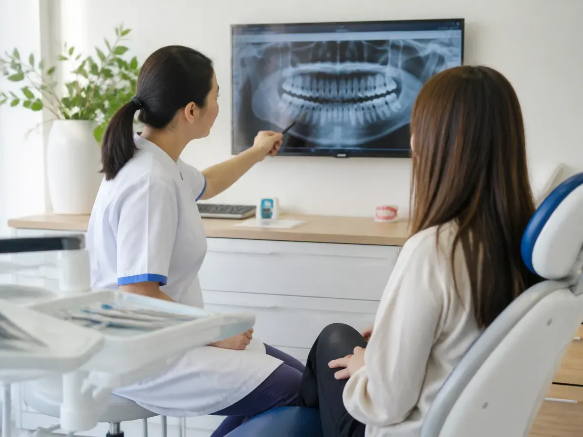 Consultation: doctor and patient at a screen with an X-ray — illustration for the section "How the laser gum treatment procedure is performed step by step"