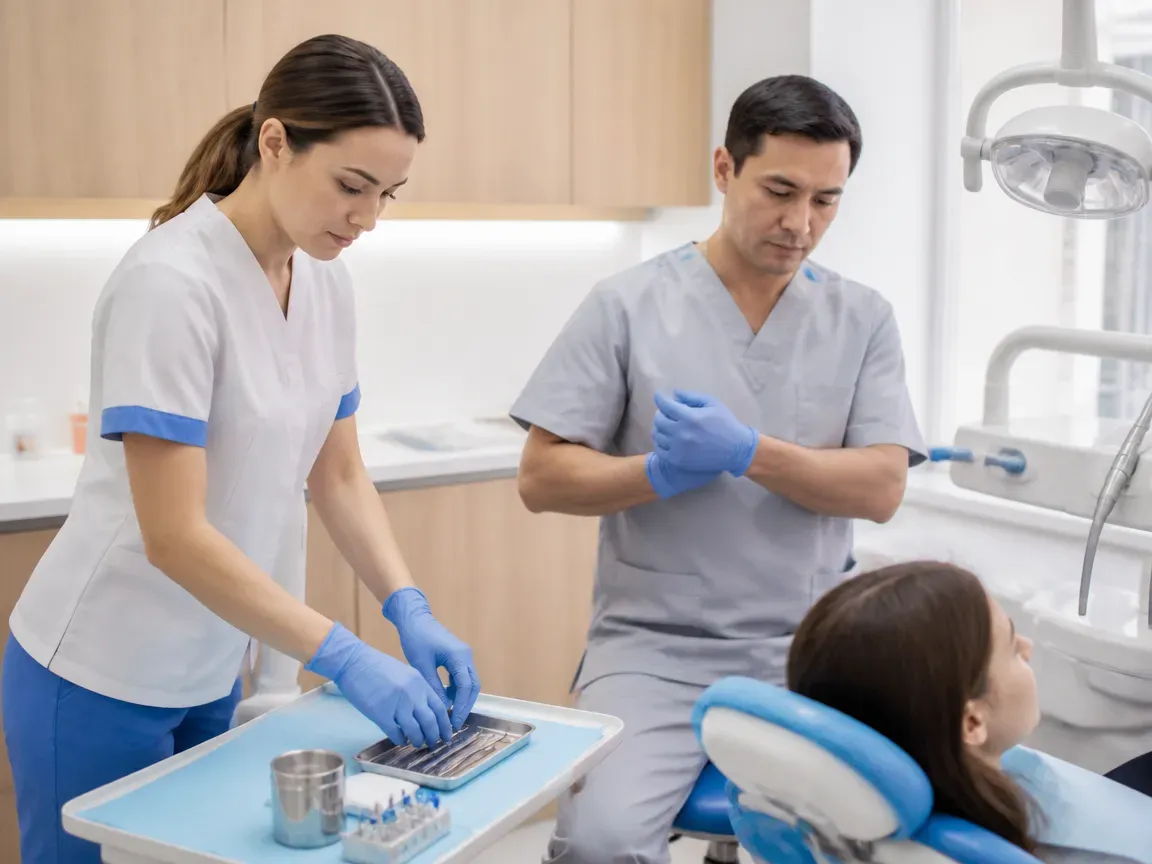 Preparation: the assistant lays out sterile instruments, the dentist puts on gloves — illustration for the section "How many sessions are required and how often they are performed"