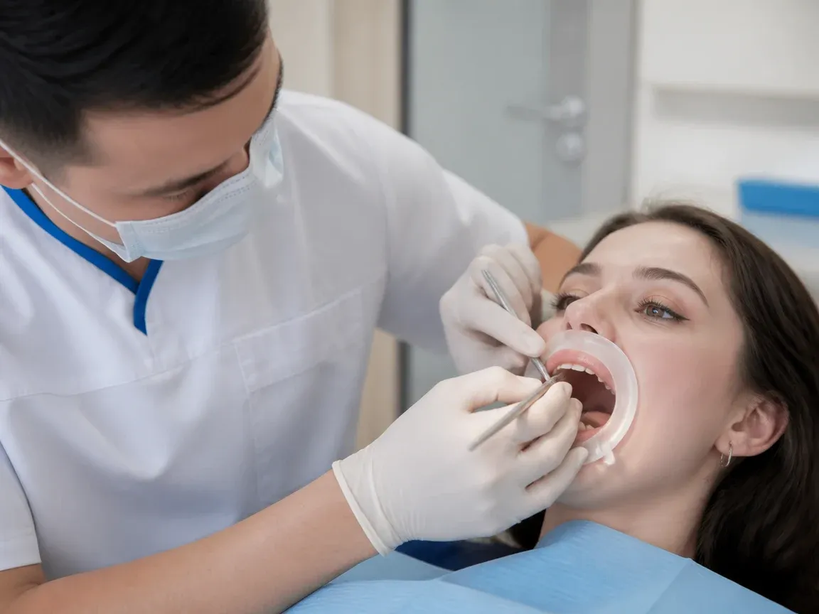 The treatment stage itself: the doctor's gloved hands working inside the oral cavity — an illustration for the section "Laser gum removal: when it is indicated and how it is performed"