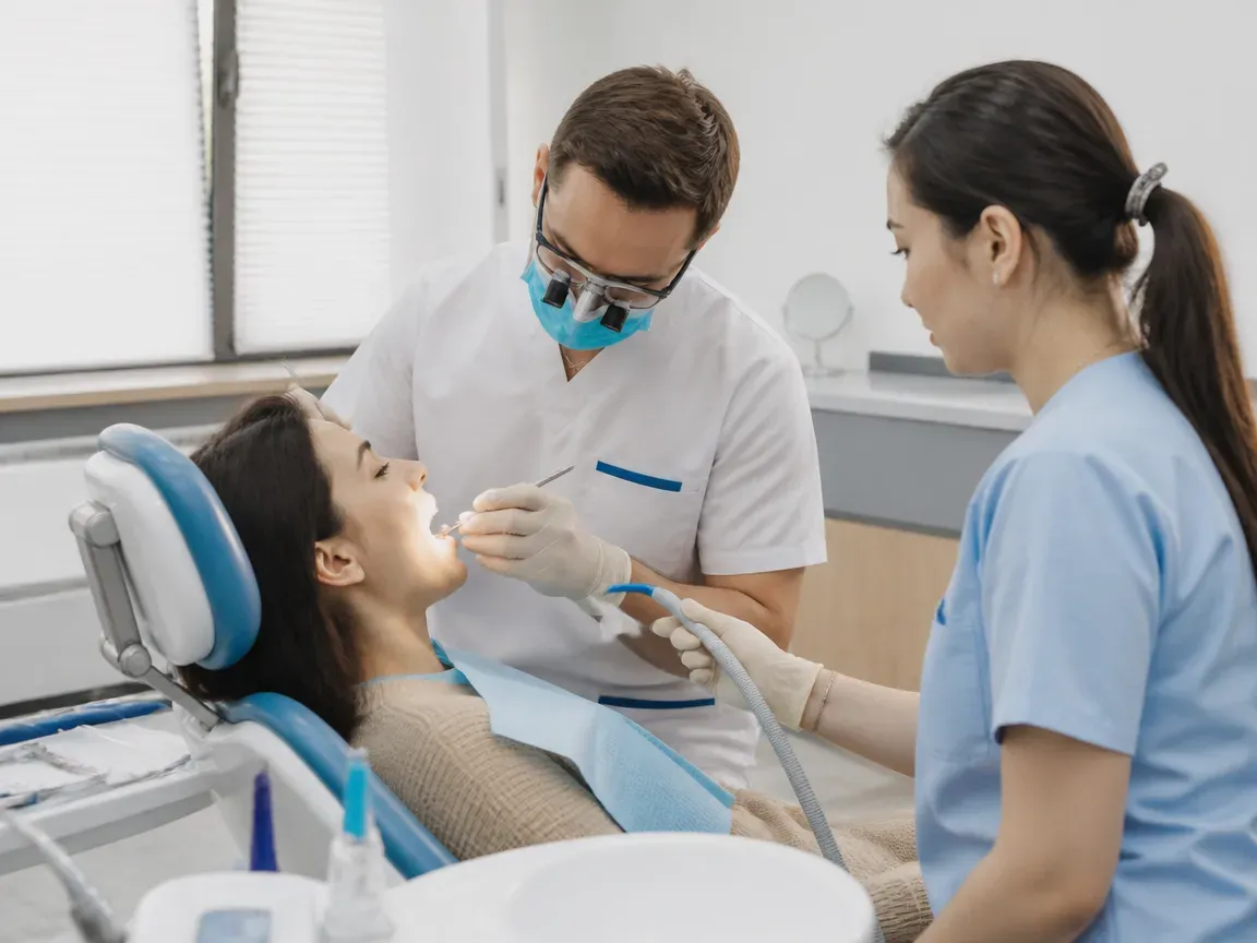Follow-up visit: the dentist checks the result with a mirror while the assistant holds the saliva ejector — illustration for the section “Laser gum removal: preparation and recovery”