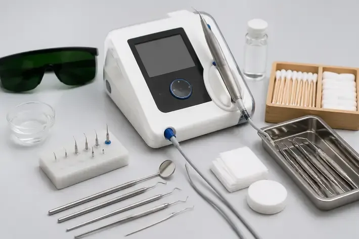 Instruments and materials for this type of treatment, laid out on a light surface — an illustration for the section "Which gum diseases are treated with a laser: periodontitis, gingivitis, stomatitis"