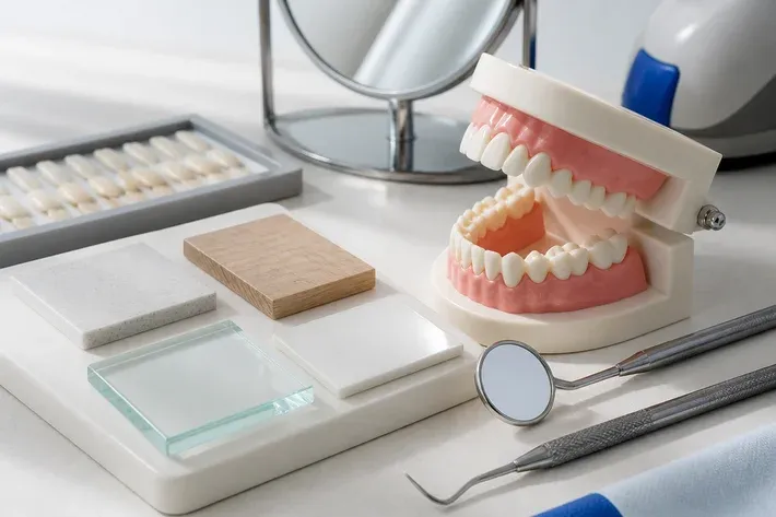 A jaw model and material samples on the dentist's table next to a mirror and probe — an illustration for the section "What complications and recurrences are possible after laser treatment of the gums"