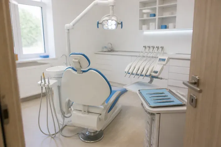 A treatment room prepared for an appointment: dental chair, lamp, and a tray of instruments — an illustration for the section "When laser is not used for gum disease"