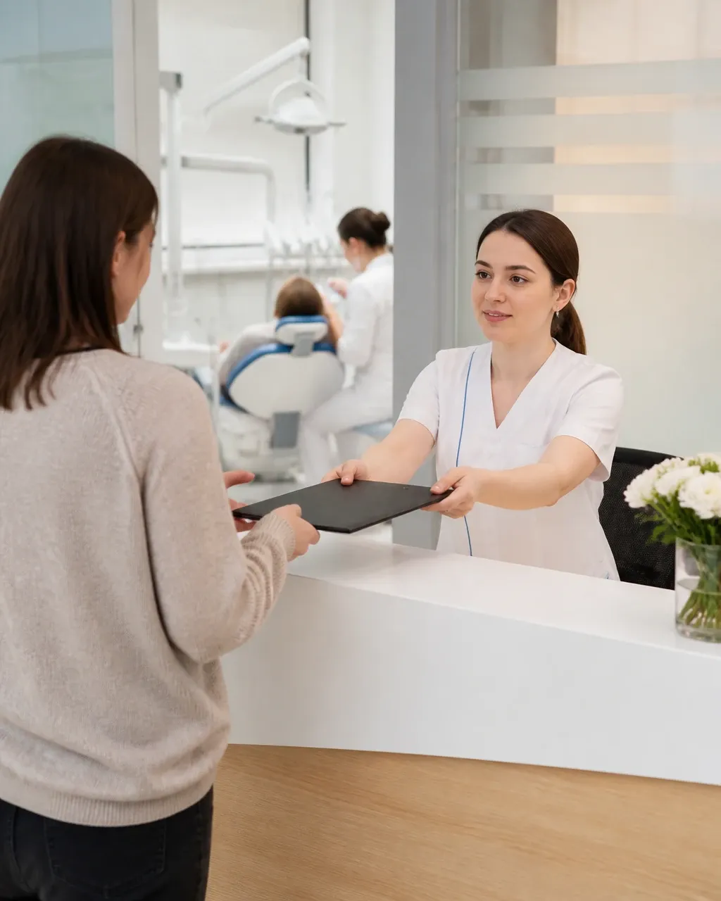 The clinic administrator gives the patient a treatment plan at the front desk