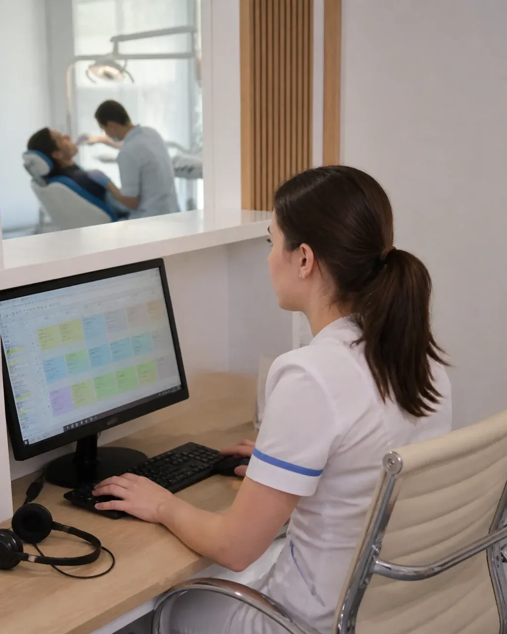 The clinic administrator answers patient messages at the front desk