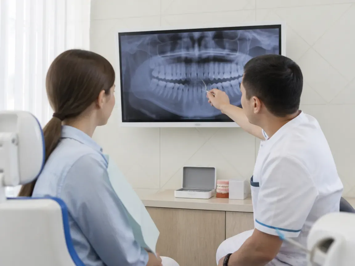 Consultation: doctor and patient at a screen with an X-ray — illustration for the section "Examination and Diagnostics"