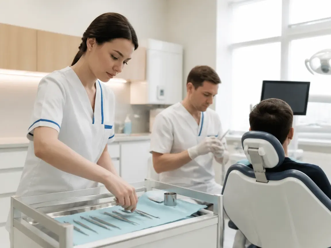 Preparation: the assistant lays out sterile instruments, the dentist puts on gloves — illustration for the "Anesthesia" section