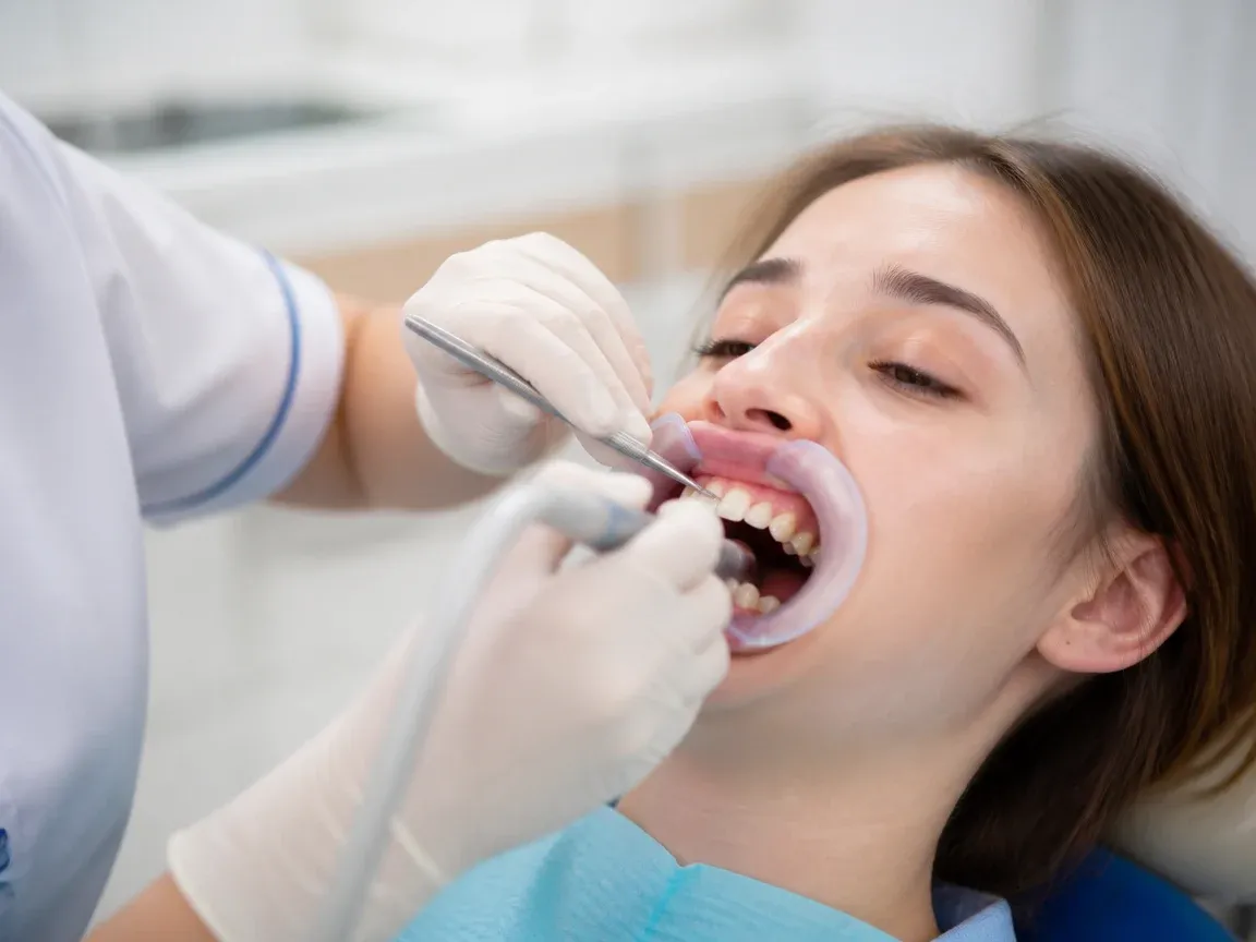 The treatment stage itself: the doctor's gloved hands working inside the oral cavity — an illustration for the section "Incision and Drainage"