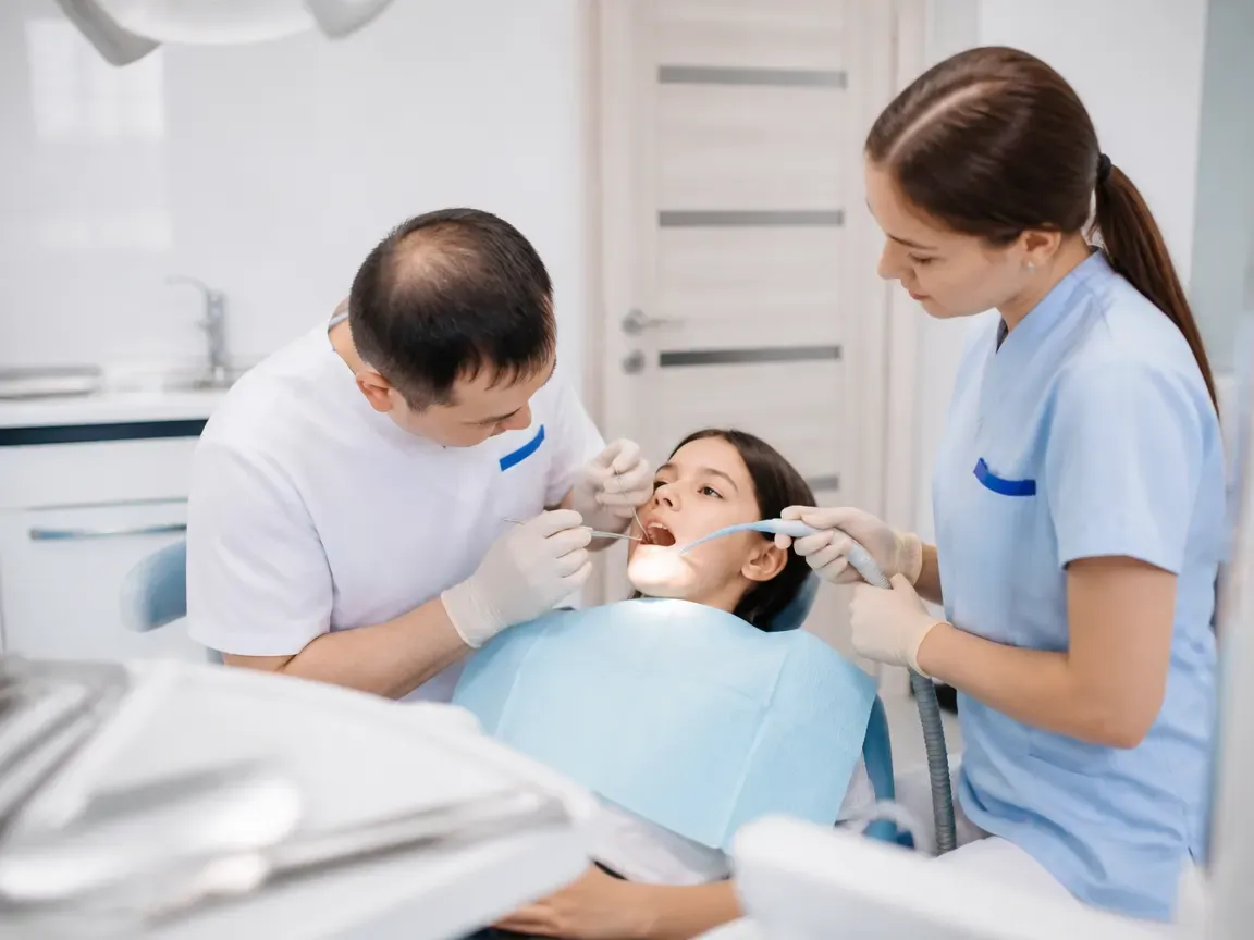 Follow-up visit: the dentist checks the result with a mirror while the assistant holds the saliva ejector — illustration for the "Medication support" section