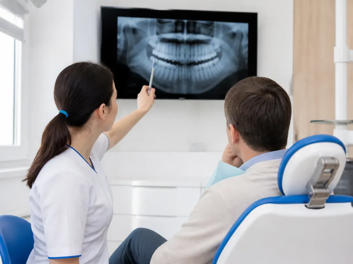 Consultation: dentist and patient at a screen with an X-ray — illustration for the section “Decision on tooth preservation”