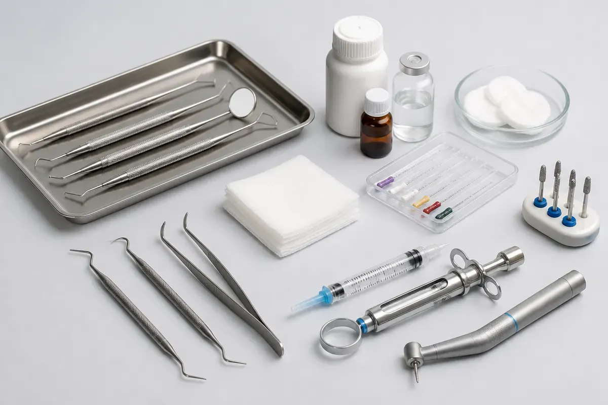 Instruments and materials for this type of treatment, laid out on a light surface — an illustration for the "Conservative Treatment" section