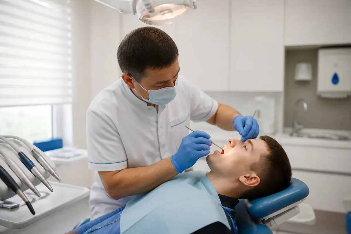 Chairside view: dentist at work, shot over the assistant's shoulder — illustration for the "Surgical exposure" section