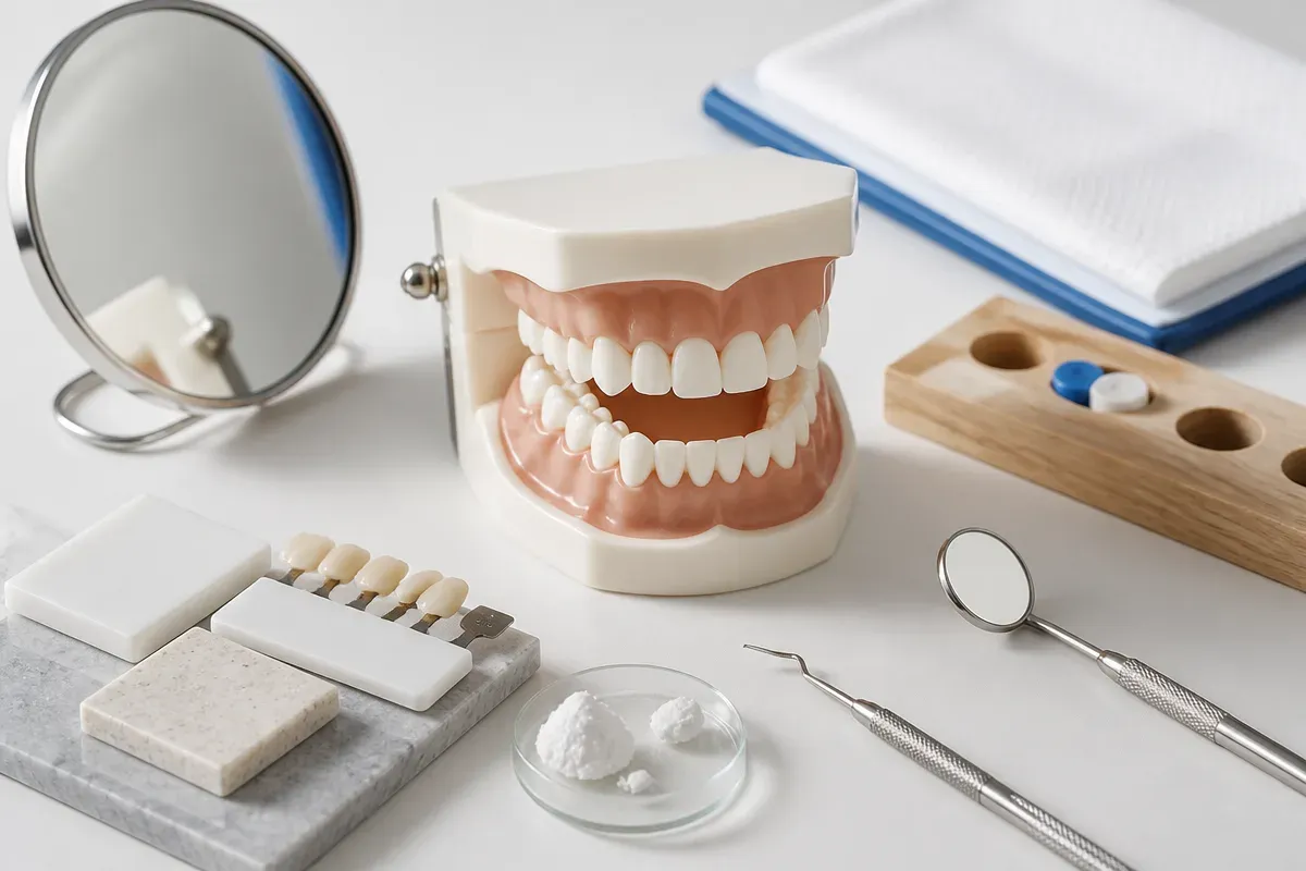 A jaw model and material samples on the dentist's table next to a mirror and probe — an illustration for the section "Antibiotics for a dental abscess: when they are needed and which ones"