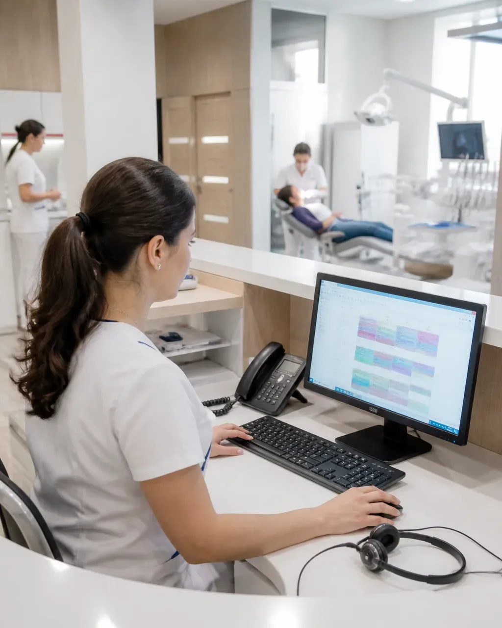 The clinic administrator answers patient messages at the front desk
