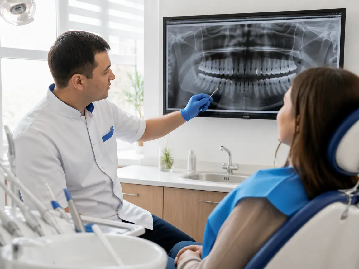 Consultation: doctor and patient at a screen with an X-ray — illustration for the section "Examination and Diagnostics"