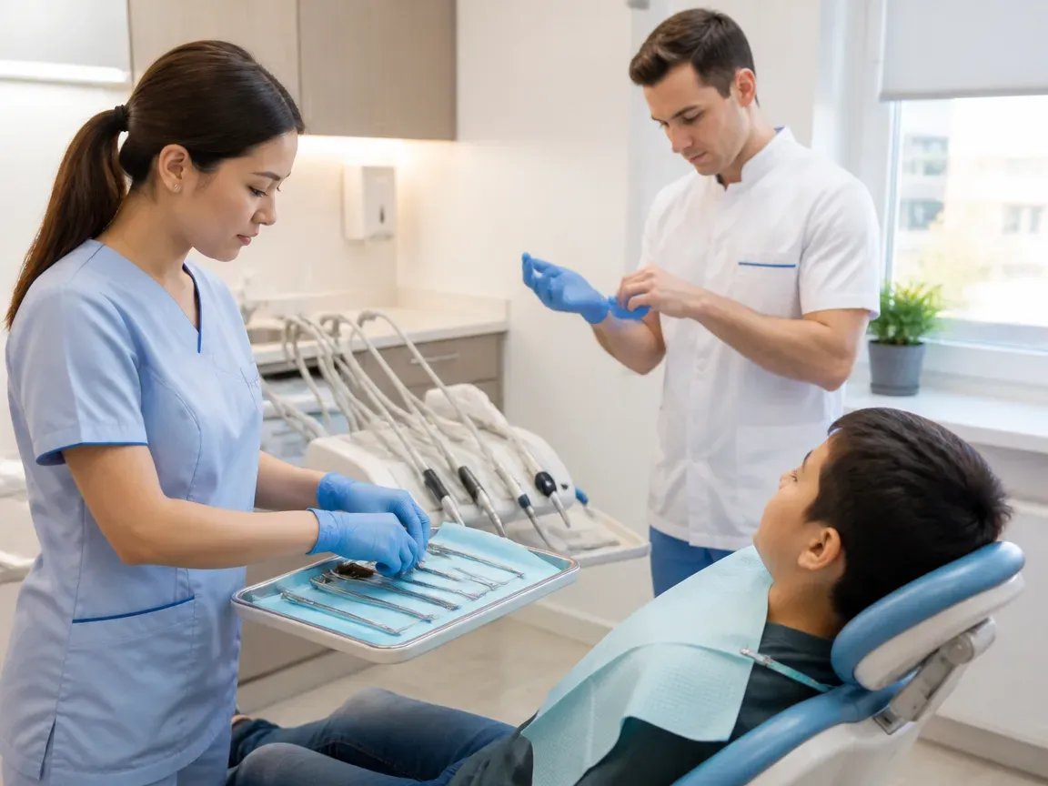Preparation: the assistant lays out sterile instruments, the dentist puts on gloves — illustration for the section "Conservative treatment of a granuloma: what to expect"