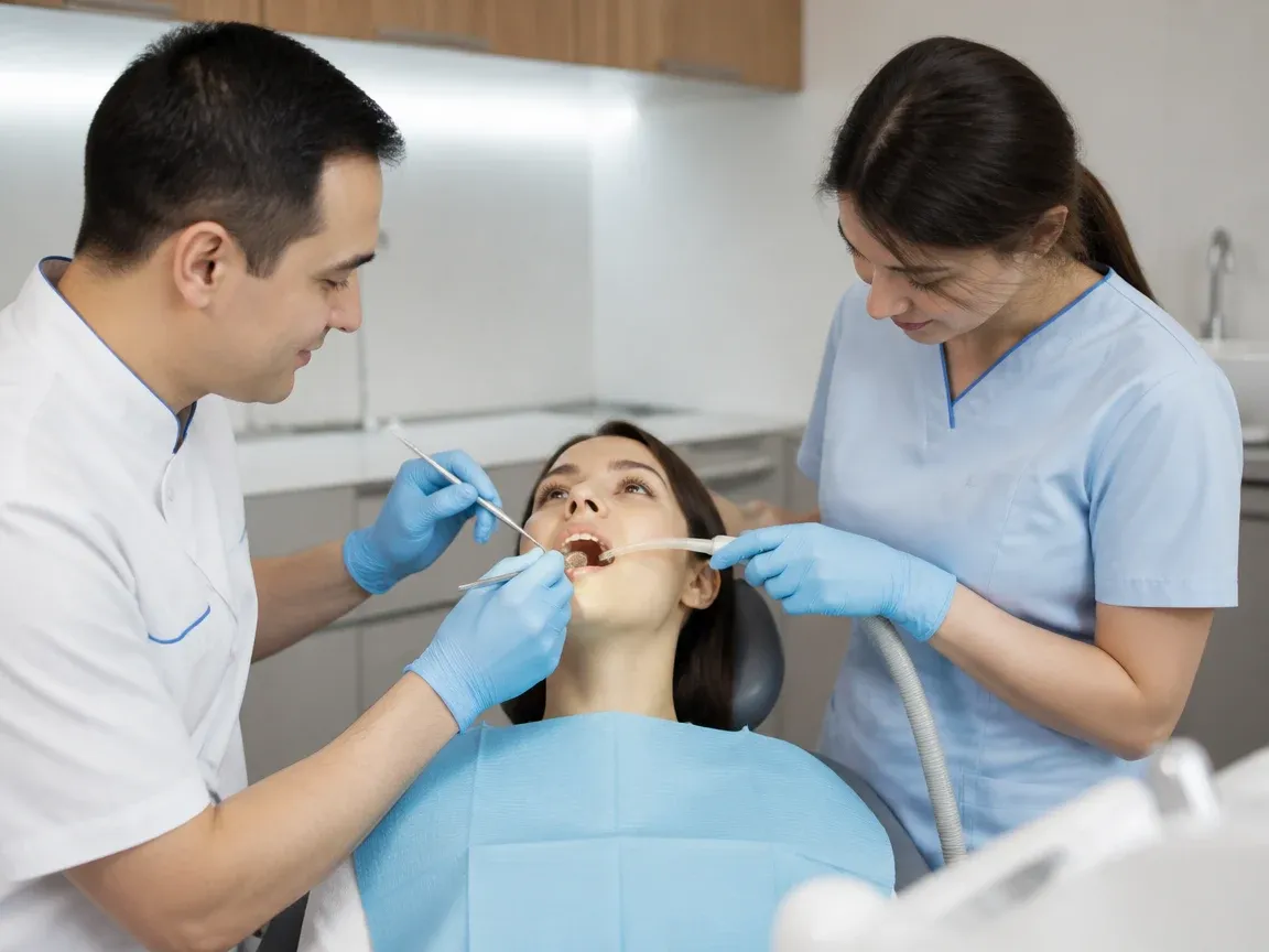 Follow-up visit: the dentist checks the result with a mirror while the assistant holds the saliva ejector — illustration for the "Follow-up examinations" section