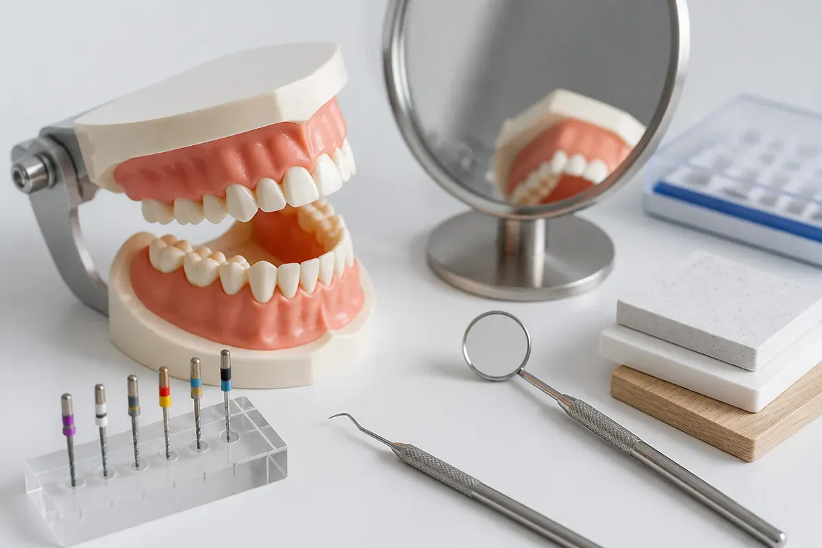 Jaw model and material samples on the dentist's table next to a mirror and probe — illustration for the "Tooth Extraction" section